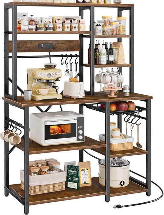 SUPERJARE Large Bakers Rack with Power Outlets, 6-Tier Microwave Stand, Coffee Bar with 12 S-Shaped Hooks, Kitchen Shelf with Wire Basket, 39.3 x 15.5 x 66.9 Inches, Rustic Brown