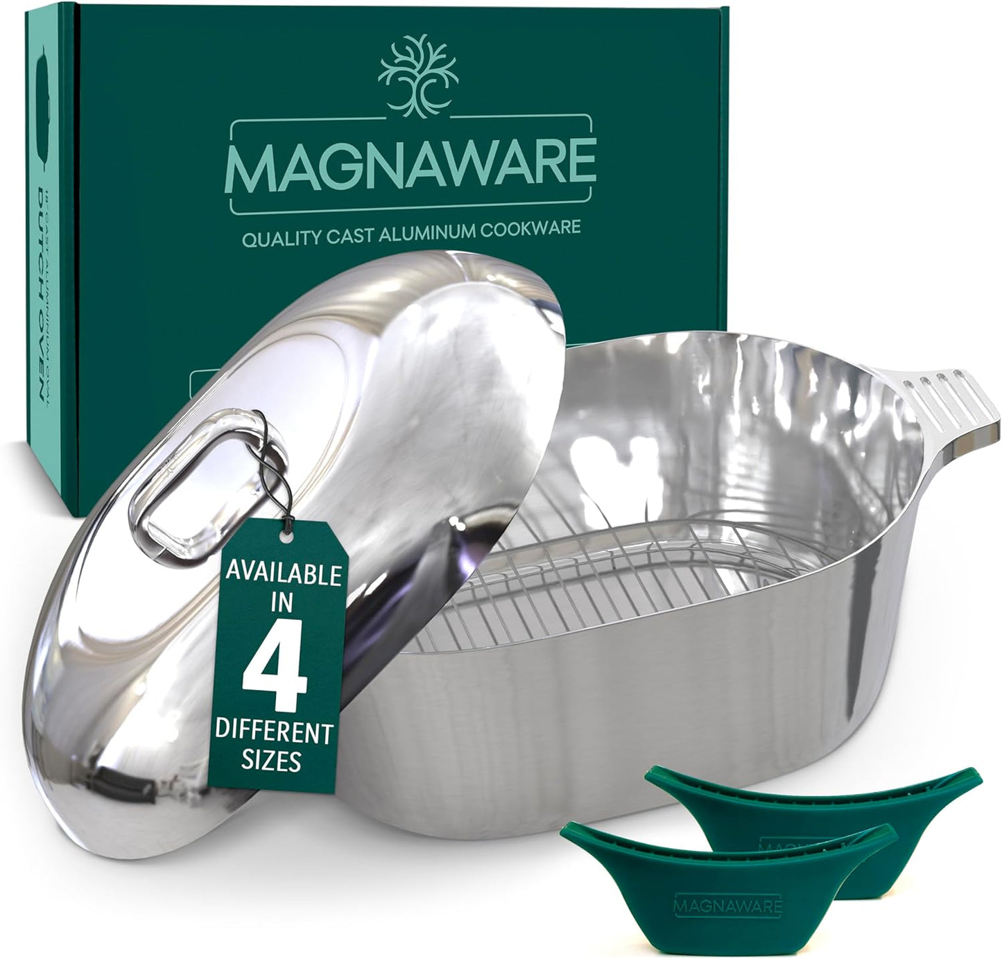 MAGNAWARE Cast Aluminum Oval Dutch Oven with Lid - 10 QT Heavy Duty & Lightweight Roaster Pan with Rack & Silicone Cover Dual Handles \u2014 Cajun Cookware for Roasting, Baking, Cooking (15" - Large)