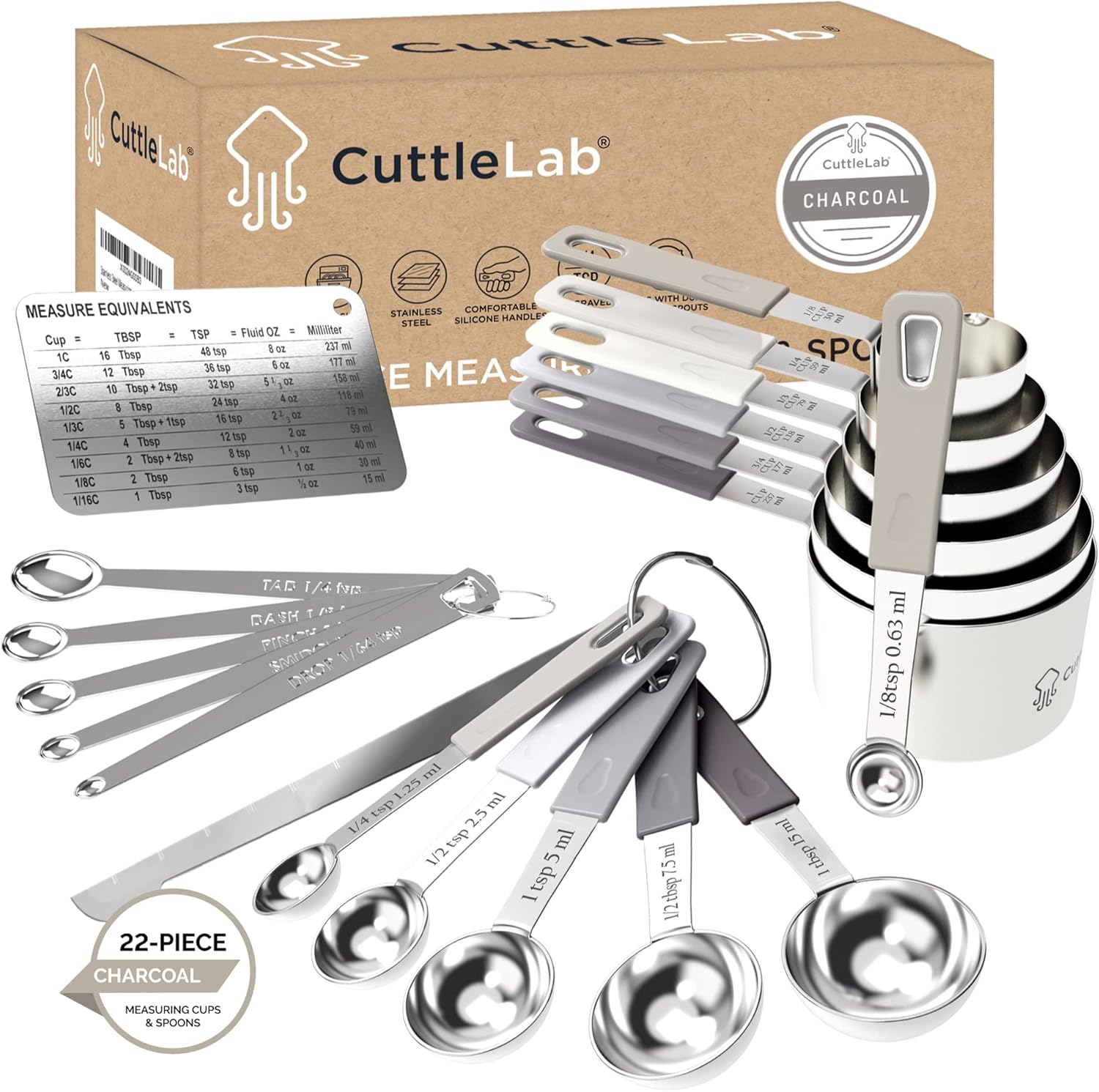 CuttleLab 22-Piece Stainless Steel Measuring Cups and Spoons Set, Tad Dash Pinch Smidgen Drop Mini Measuring Spoons, Measuring Stick Leveler, Measurement Conversion Chart Fridge Magnet, (Charcoal)