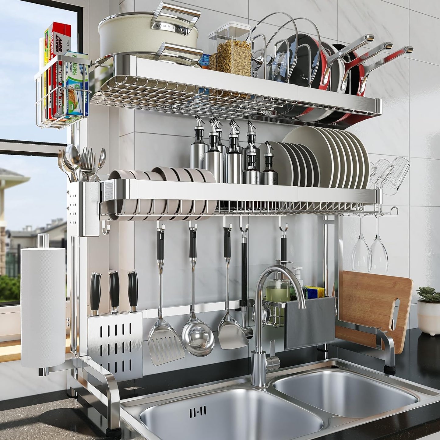 LIVOD Over The Sink Dish Drying Rack,3 Tier Adjustable Length Full Stainless Steel Large Storage Kitchen Dish Rack,for Kitchen Counter Expandable Multifunctional Organizers,Silver (25.98-37.6")