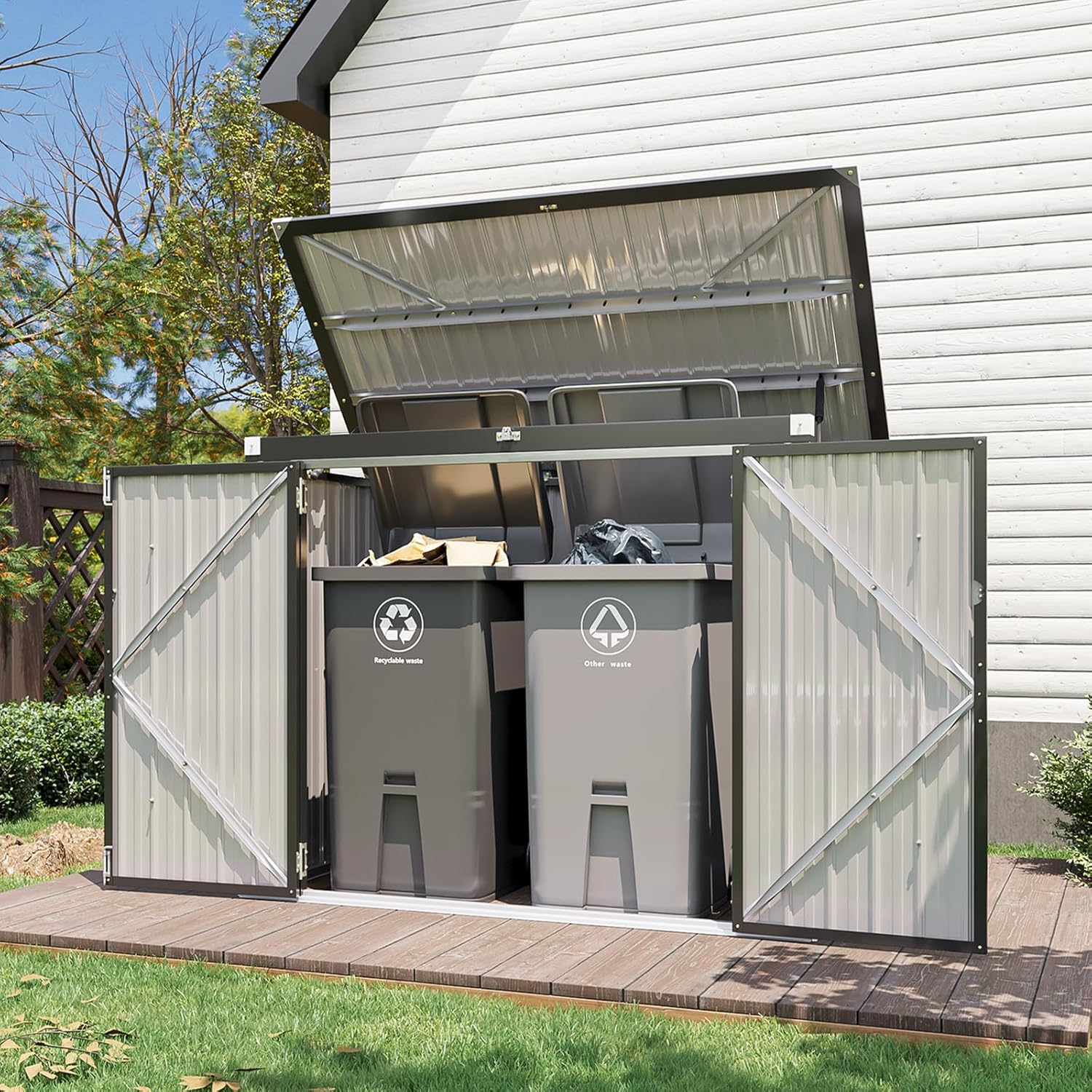 Aoxun 80 CU.FT Outdoor Storage Shed Metal Trash Can Storage with Chain Lid Waterproof Outdoor Garbage Can Organizer, Ideal for 2 Trash Bins, Toys, Garden Tools (Black)