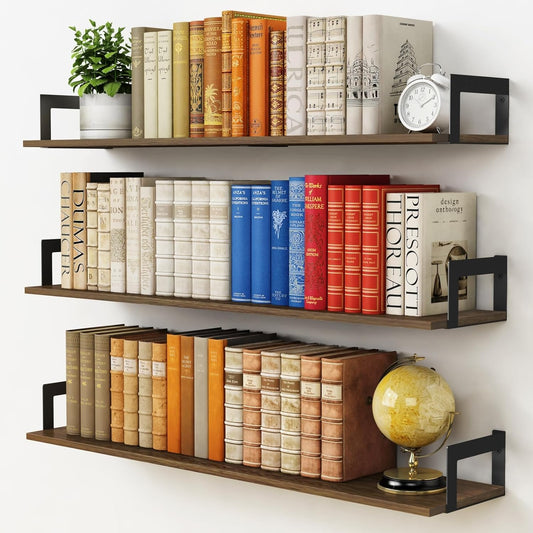 Harwaya Floating Shelves for Wall 36 Inches Long 8 Inch Deep, Large Wall Book Shelves for Bedroom, Rustic Wood Hanging Bookshelf for Living Room Office Kitchen Closet Organizers and Storage - Set of 3
