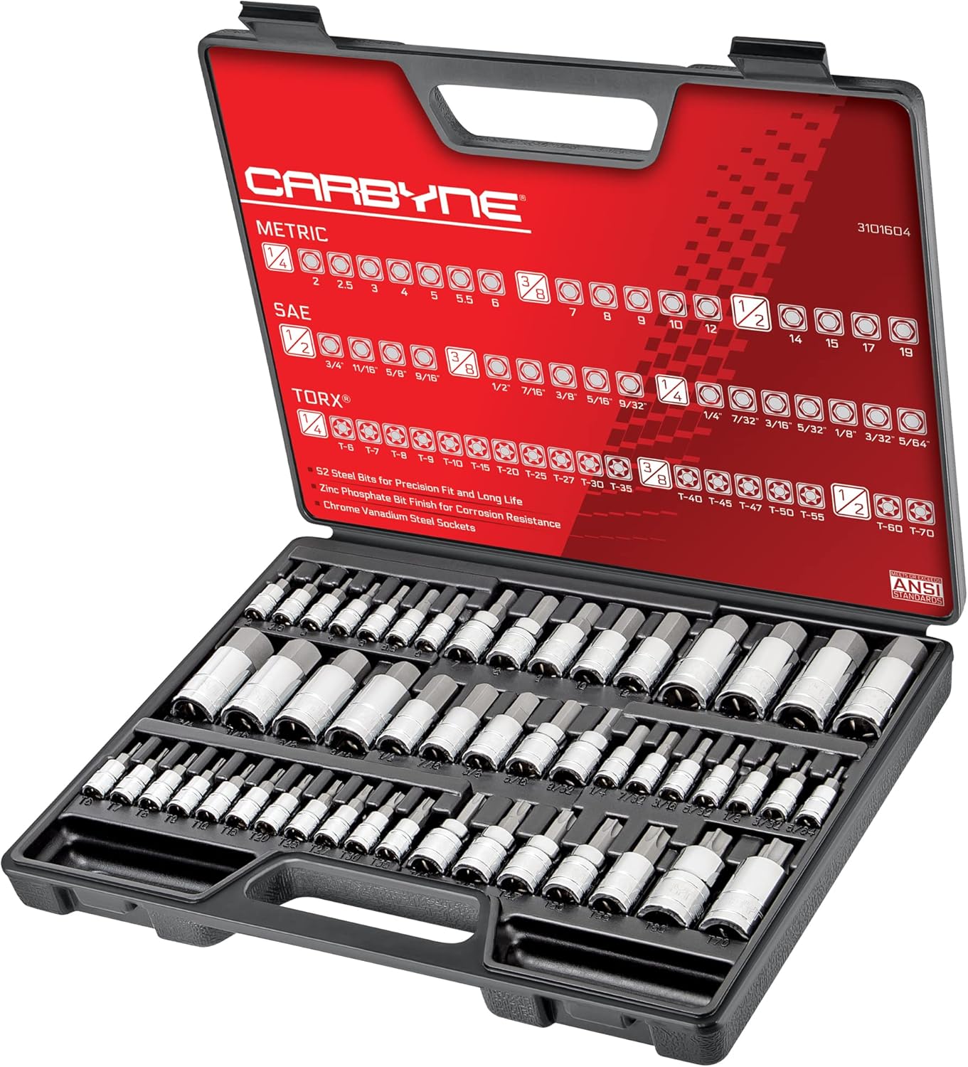 CARBYNE 50-Piece Master Torx, SAE & Metric Hex Bit (Allen) Socket Set | S2 Steel Bits, Cr-V Steel Sockets, Durable Storage Case. Torx: T6 to T70, Metric Hex: 2mm to 19mm, SAE Hex: 5/64 in. to 3/4 in.