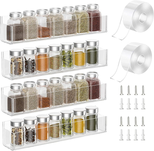 PMMASTO Adhesive Acrylic Spice Rack Organizer for Wall with 2 Nano Double Sided Tape, Spice Shelf Organization for Kitchen Cabinet Door\/Pantry Door, Wall Mount Seasoning Rack (Clear-4 Pack)