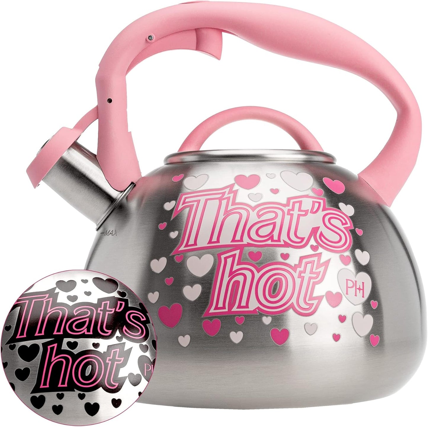 Paris Hilton Whistling Stovetop Tea Kettle, Stainless Steel with Color Changing "That's Hot" Heat Indicator Design, Soft Touch Handle, 2.5-Quart, Pink