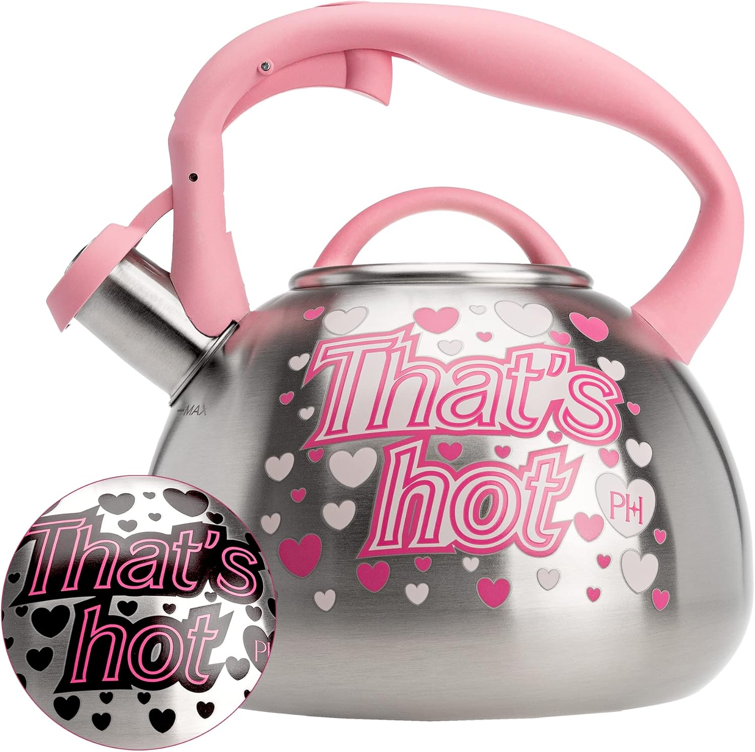Paris Hilton Whistling Stovetop Tea Kettle, Stainless Steel with Color Changing "That's Hot" Heat Indicator Design, Soft Touch Handle, 2.5-Quart, Pink