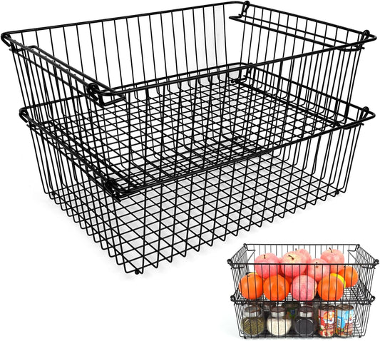 Set of 2 Stackable XXL Wire Baskets For Pantry Storage and Organization -16x12in Large Metal Food Baskets - Pantry Storage Bins With Handles (Black, XXL)