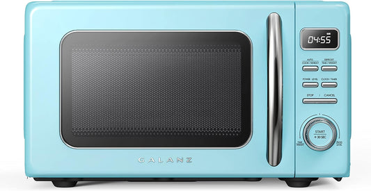 Galanz GLCMKZ09BER09 Retro Countertop Microwave Oven with Auto Cook & Reheat, Defrost, Quick Start Functions, Easy Clean with Glass Turntable, Pull Handle, 0.9 cu ft, Blue
