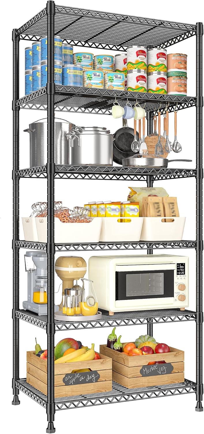 REIBII 72\u2019\u2019H Wire Shelving, 6 Tier Metal Shelving Units and Storage Shelves, Adjustable Garage Shelving for Storage Heavy Duty Shelving for Pantry Shelf Kitchen Garage, 24\u2019\u2019W X18\u2019\u2019D X72\u2019\u2019H