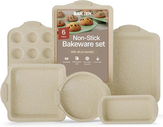 BAKKENMASTER 6-Piece Deluxe Nonstick Baking Pan Set - Professional Grade Carbon Steel Bakeware with White Marble Coating & Silicone Handles