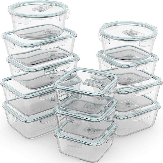 Razab 24 Pc Airtight Glass Food Storage Containers - Glass Meal Prep Containers - Freezer to Oven Safe - Steam Release Valve BPA Free - Airtight Bento Boxes - Leak Proof (12 lids & 12 Containers)