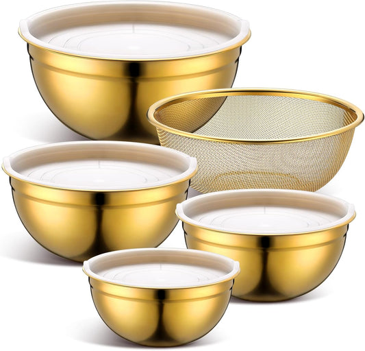 Teenyyou Gold Mixing Bowls with Airtight Lids Stainless Steel Mixing Bowl Set of 5, 4 Metal Nesting Organizers 4 in 1 Colander Non-slip Bottom Size 1.5, 2.0, 2.5, 4.0 Qt for Baking Serving Food