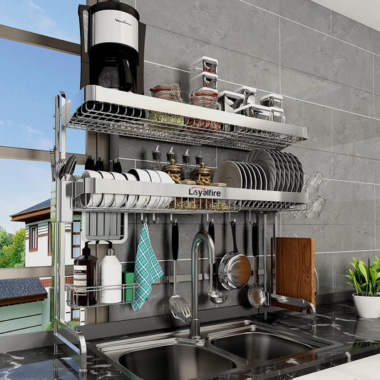Loyalfire Over Sink Dish Drying Rack, 3 Tier Adjustable Length (20.87'' to 37.6'') Full Stainless Steel Large Storage Kitchen Dish Rack, Expandable Drainer Shelf Rack with Multifunctional Organizers