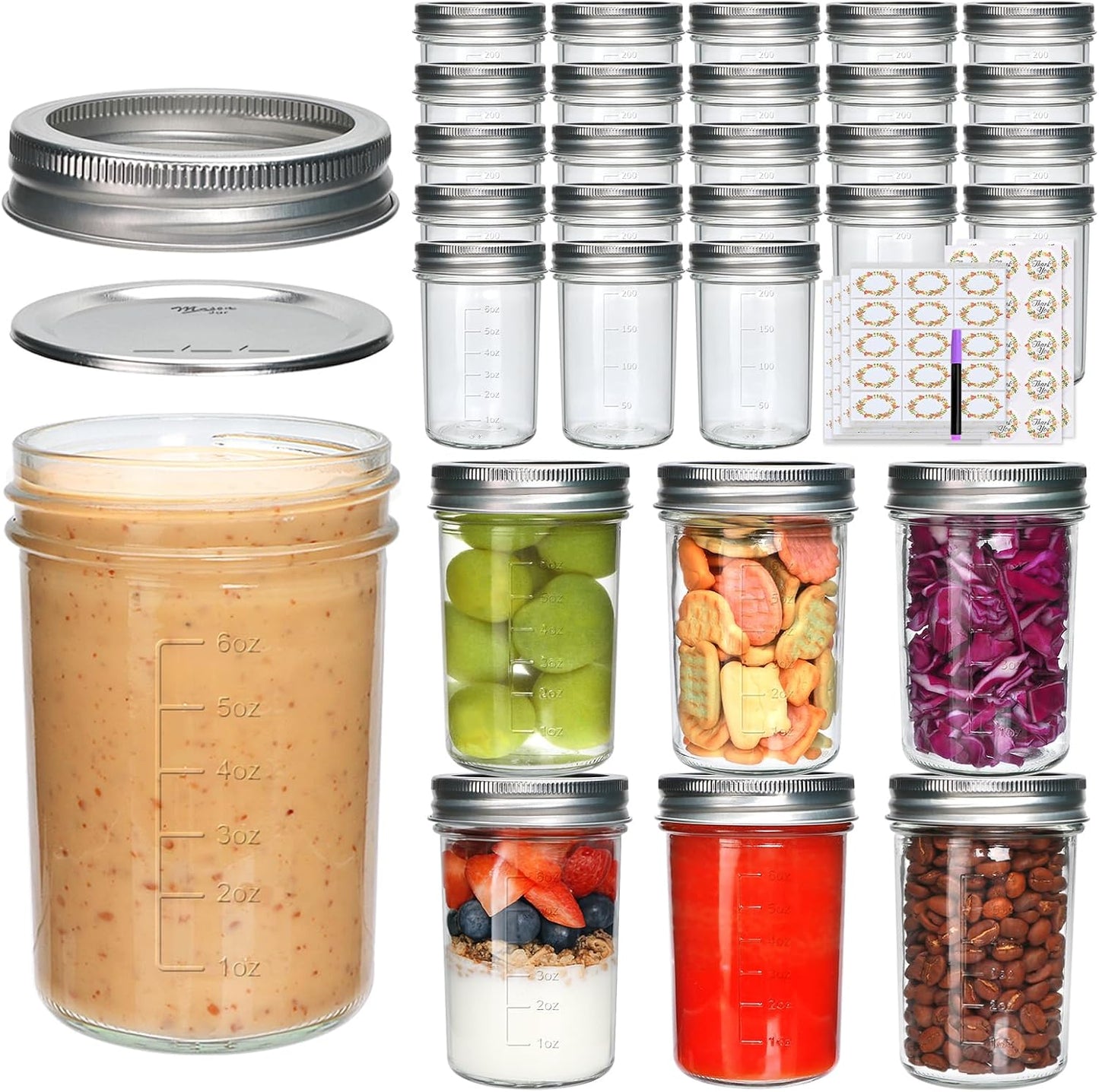 Woaiwo-q 30 Pack 8 oz Mason Jars,Canning Jars With Silver Lids,Half Pint Canning Jar Class Jar for Jelly, Jam, Spices, Honey, Food Storage,Fermenting, Pickling, Meal Prep, Wedding Favors, DIY Crafts