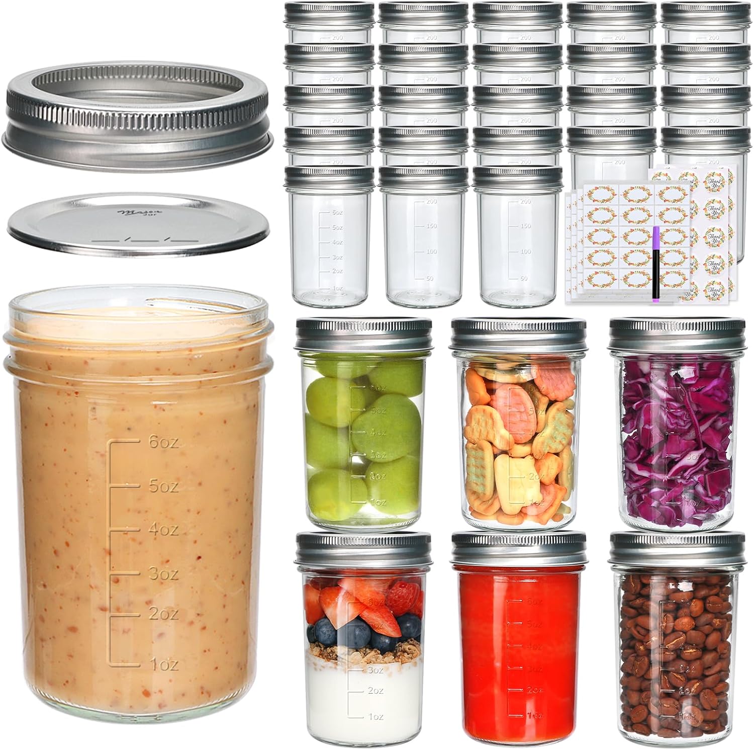 Woaiwo-q 30 Pack 8 oz Mason Jars,Canning Jars With Silver Lids,Half Pint Canning Jar Class Jar for Jelly, Jam, Spices, Honey, Food Storage,Fermenting, Pickling, Meal Prep, Wedding Favors, DIY Crafts
