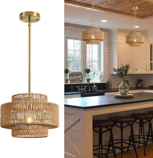 12.4\u201D Boho Rattan Chandelier Light Fixture, 1-Light Hand Woven Pendant Light Fixture Farmhouse Rustic Hanging Lamp for Kitchen Island Bedroom, Dining Room, Living Room, Entryway, Foyer