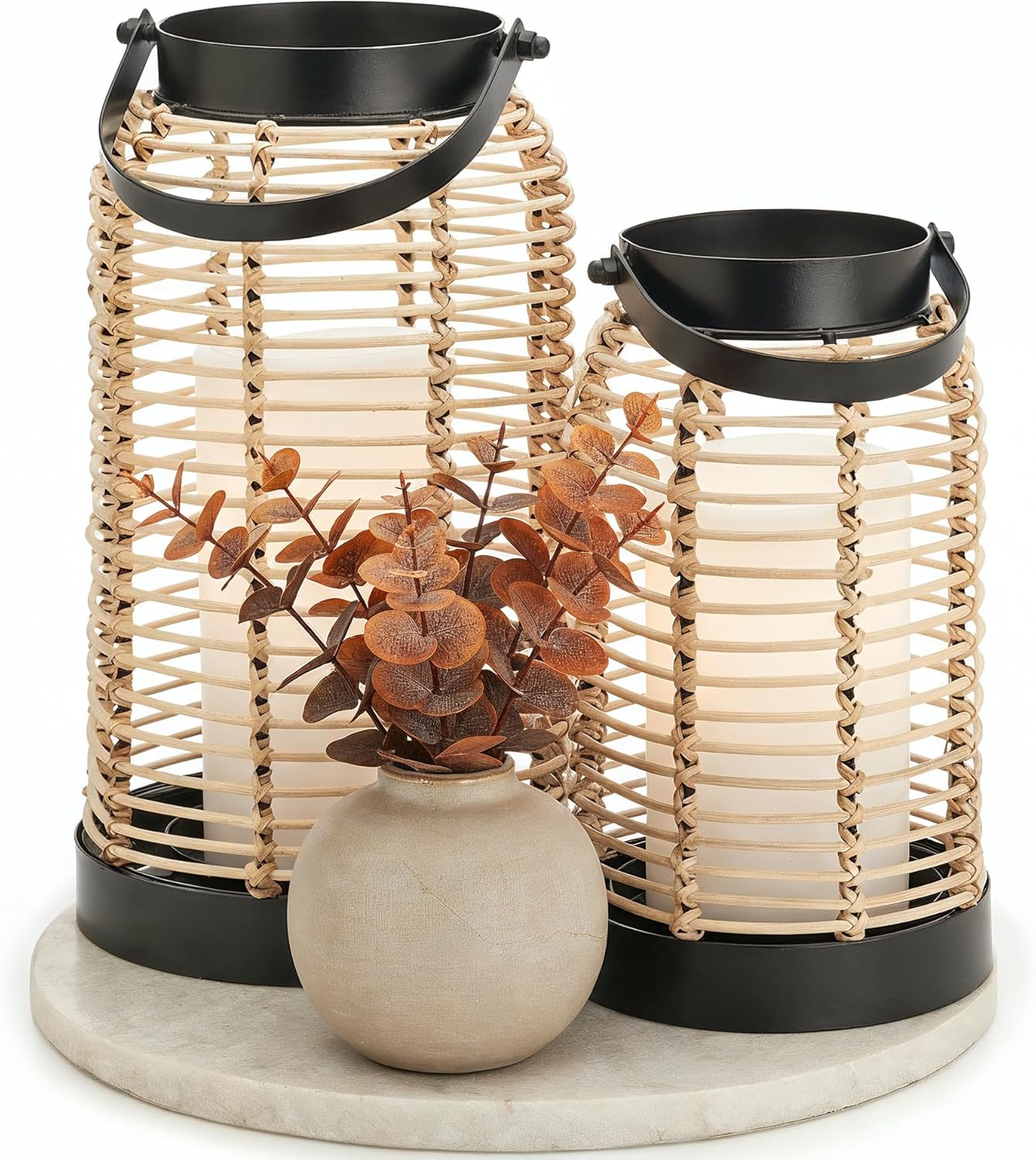 Natural Rattan Boho Lanterns - Handcrafted Decor to Enhance Your Home - Modern Farmhouse Beauty Perfect for Any Living Room, Patio & Porch, Indoor and Outdoor Coffee Table or Kitchen Dining Table