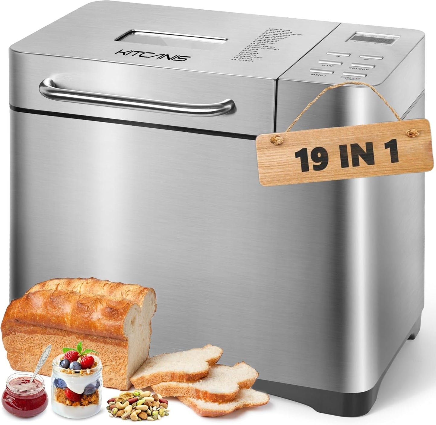 Bread Maker Machine KITCANIS, 2.2LB Stainless Steel Bread Machine, 15H Timer&1H Keep Warm, Sourdough, Gluten-Free, Dough Maker, Bread Making Machine with Nonstick Pan, Recipes, 650W