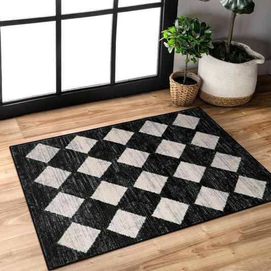 Lahome Moroccan Trellis Area Rug - 2x3 Printed Small Black Checkered Entryway Rug Non Slip Kitchen Mat, Stain Resistance Indoor Modern Floor Soft Throw Carpet for Front Door Bathroom Sink Bedroom
