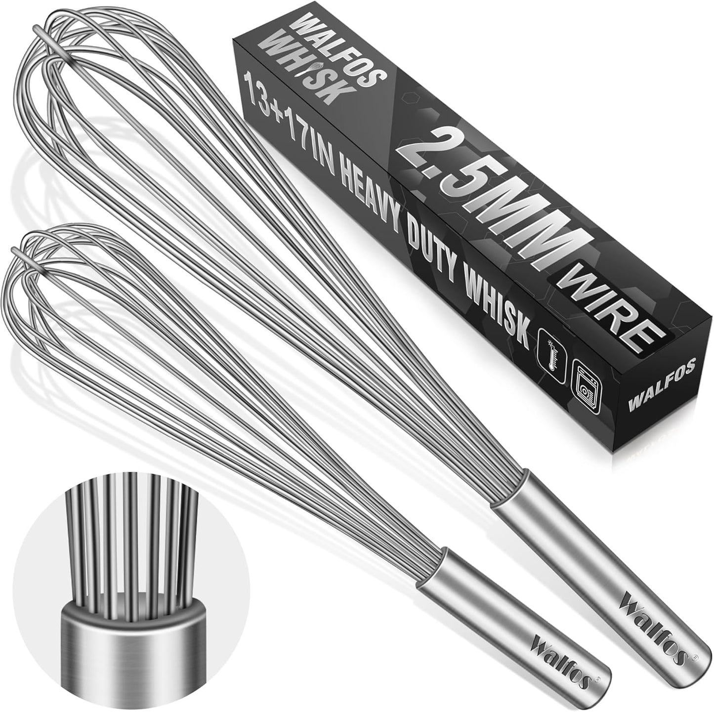 Walfos Whisks Large Whisk Set of 2, Heavy Duty Stainless Steel Wire Whisk Ideal For Beating Eggs, Mixing Batter & Blending Sauces.（13in+17in)