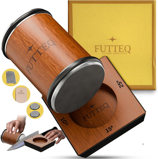 Rolling Knife Sharpener - Best Kitchen Knife Sharpening Tumbler Kit with Leather Strop and Diamond Disks, Complete Set of Manual Knife Sharpener