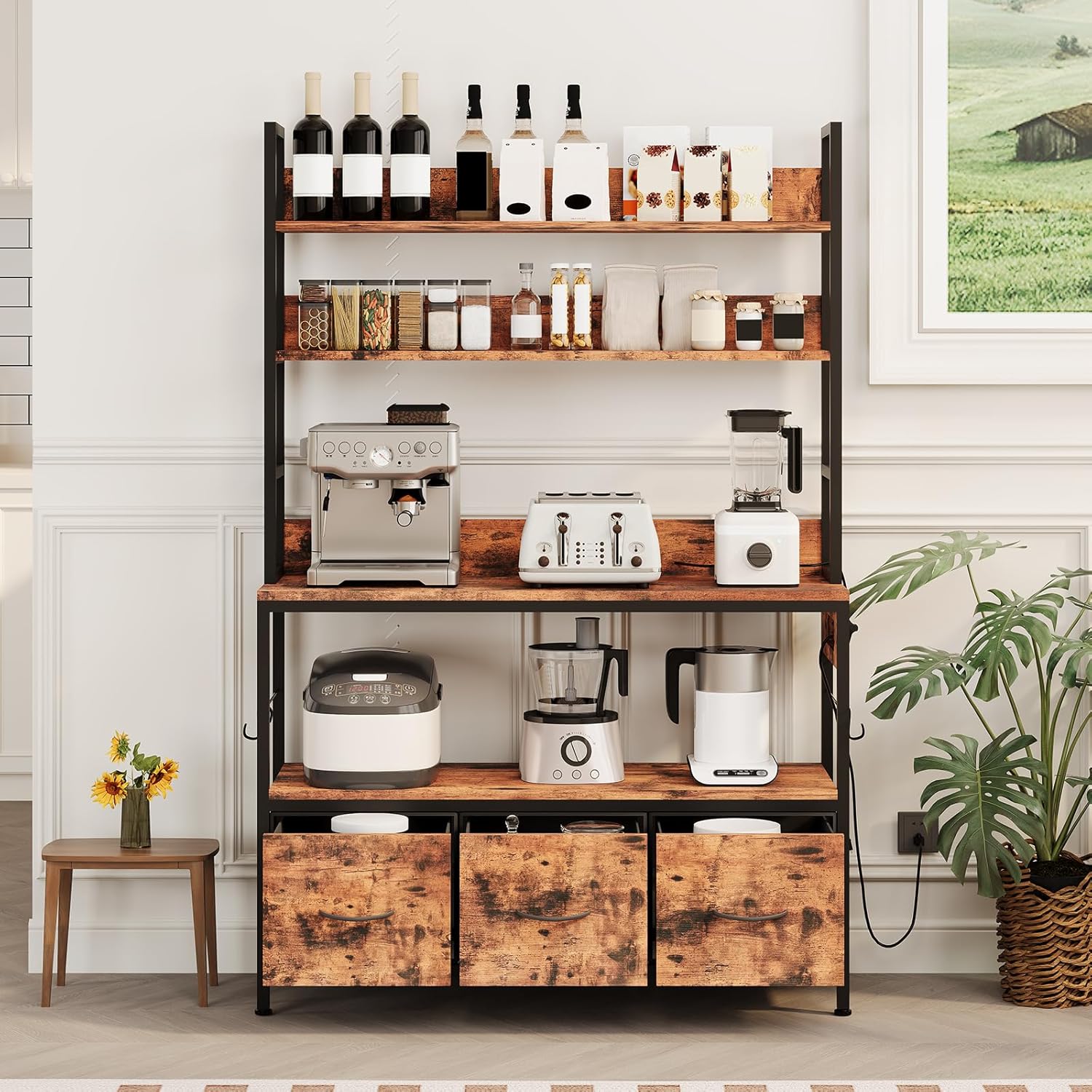 CuisinSmart Kitchen Bakers Rack with Power Outlet, 5-Tier Freestanding Microwave Stand with Drawers & Storage Shelves, Industrial Metal Coffee Bar Station, Vintage Brown