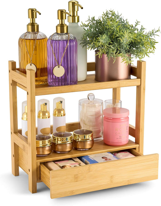Sorbus Bamboo Bathroom Counter Organizer \u2013 2-Tier Shelf with Hidden Drawer for Vanity, Matcha Station, Bathroom Sink Organizer Countertop, Kitchen & Office Storage (13\u2033\u202FL\u202Fx\u202F6.5\u2033\u202FW\u202Fx\u202F12.6\u2033\u202FH)