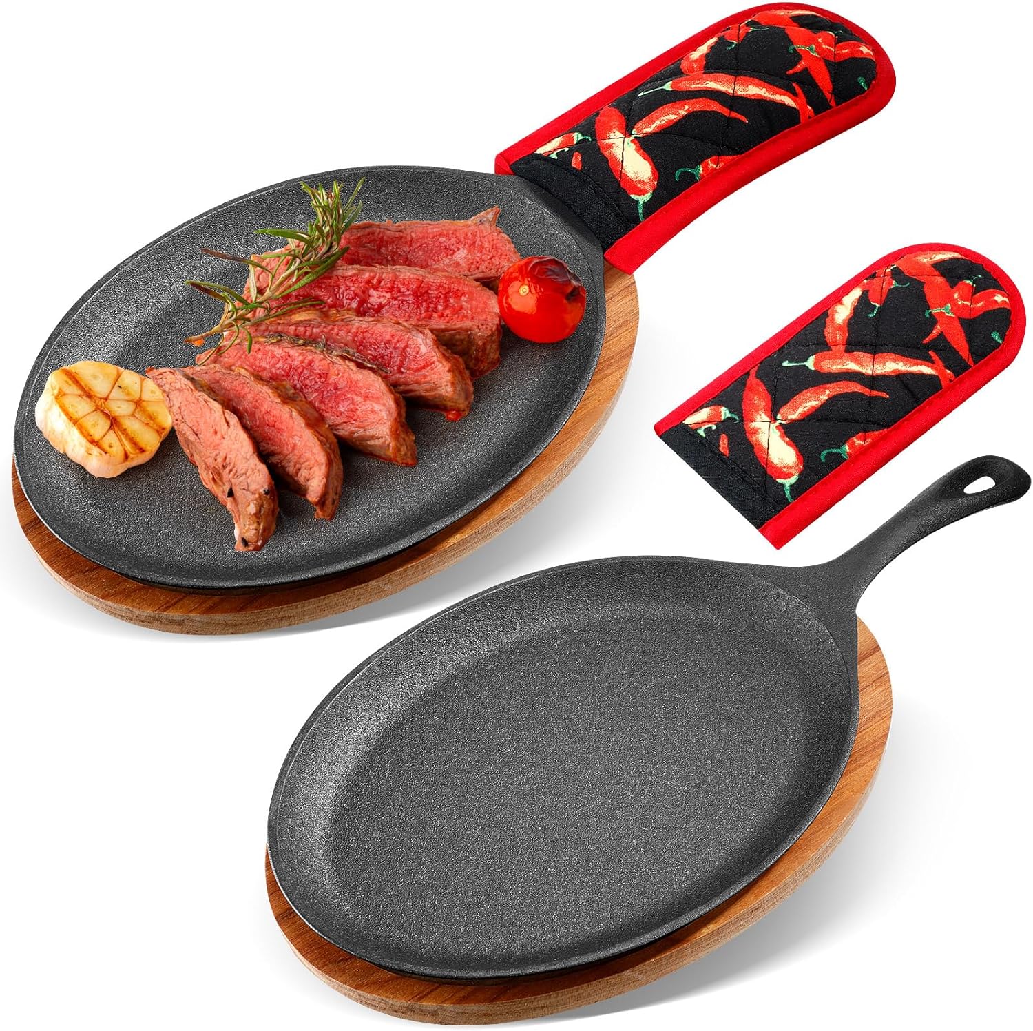 Lallisa 2 Sets Cast Iron Fajita Plate Set Fajita Plate Pan with Wooden Tray Anti Scald Protection Hot Mitt Cast Iron Skillet Set for Home Barbecue Kitchen Party Restaurant Catering Service