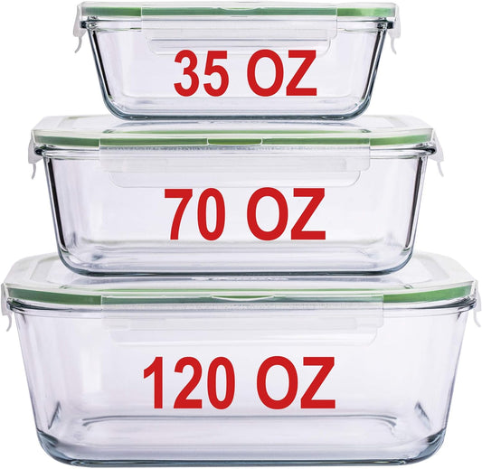 X-LARGE Glass Food Storage Containers with Lids Baking Dish Set Glass Storage Containers with Locking Lid Set 3-120 oz\/70 oz\/35 oz - Large Meal Prep Storing Serving Food Leakproof Ovensafe
