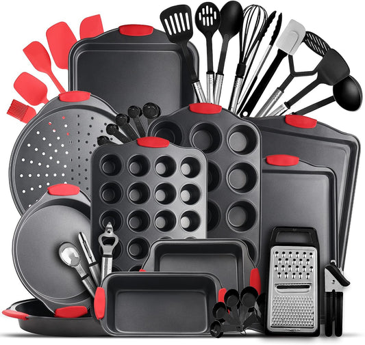 Baking Pan Set, 39 Piece Premium Baking Set, Nonstick Bakeware Sets BPA Free, Cookie Sheets for Baking Nonstick Set, Steel Baking Sheets for Oven with Muffin Pan, Cake Pan & Black Kitchen Utensils