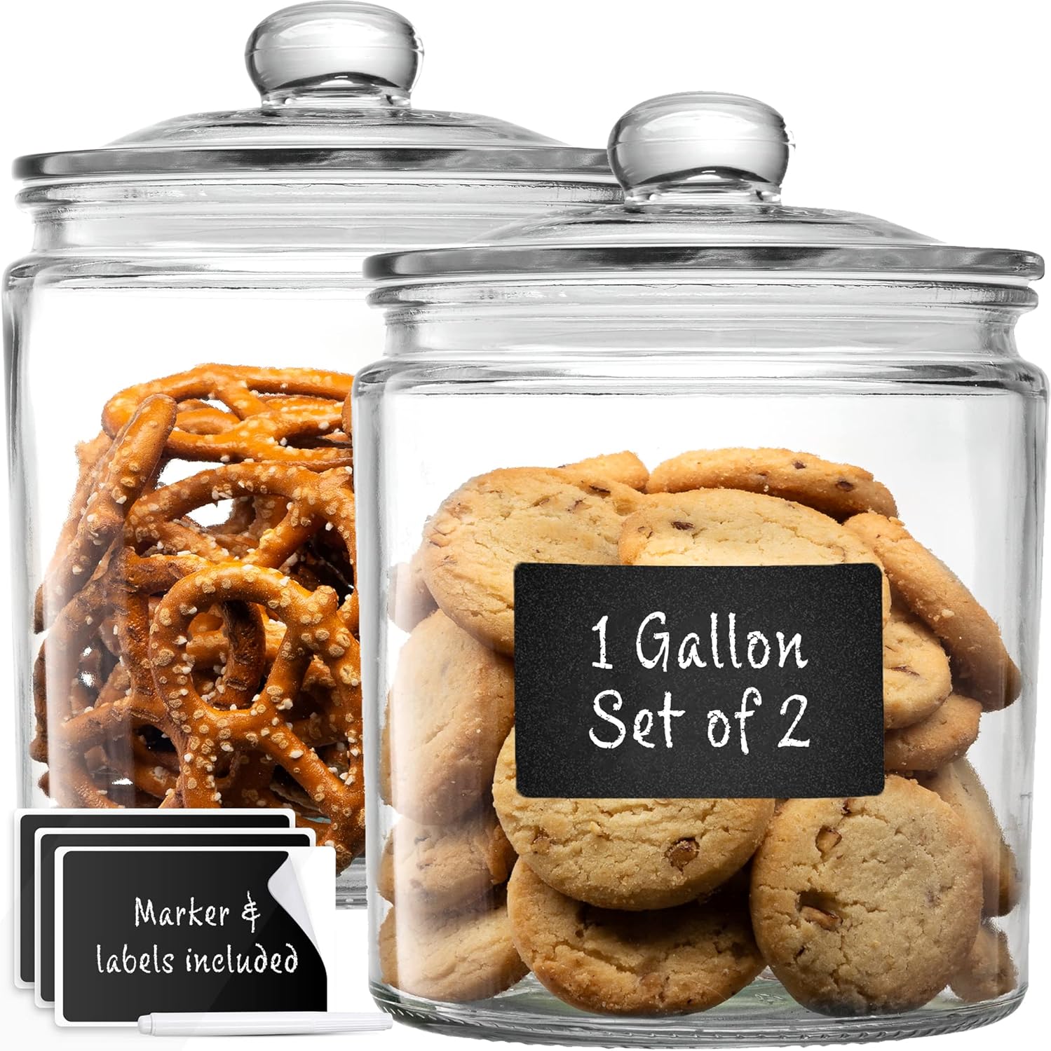 1 Gallon Glass Cookie Jars + Labels & Marker - Set of 2 Canister Sets for Kitchen Counter with Airtight Lids, Sugar Packet Holders Food Storage Containers with Lids Airtight for Pantry, Flour, Sugar,