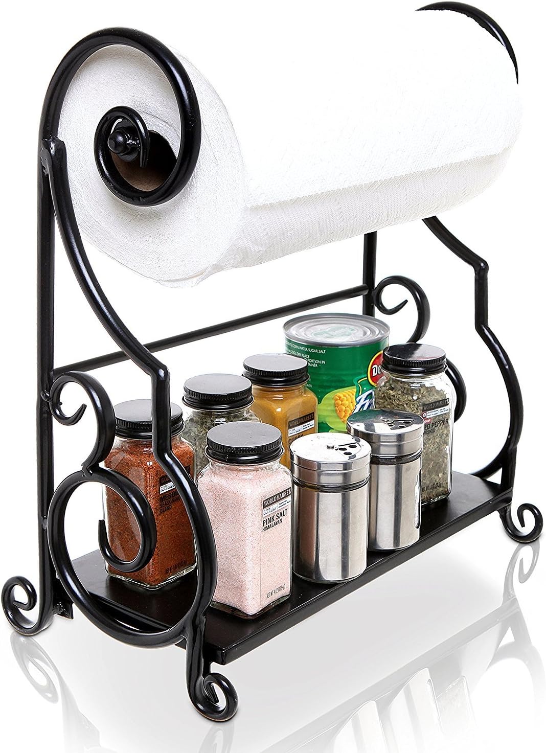 MyGift Metal Paper Towel Holder Stand with Shelf \u2013 Black Metal Freestanding Countertop Organizer for Kitchen, Scrollwork Design, Horizontal Storage for Spices, Napkins, and Condiments