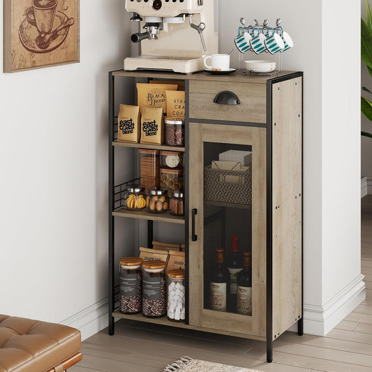 X-cosrack 3 Tier Coffee Bar Table with Storage Drawer, 35.8" H Adjustable Shelf Farmhouse Coffee Stand Station Table for Corner, Kitchen, Dining, Liquor Cabinet Rustic Wood Coffee Table-Grey