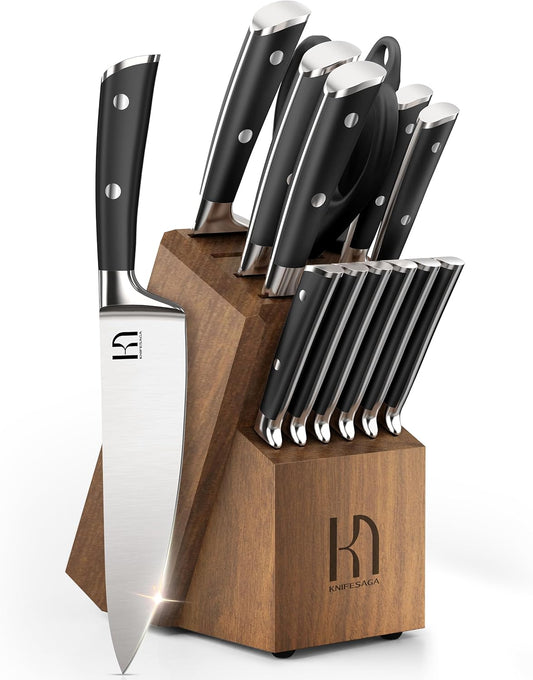 KnifeSaga Knife Set, 15 Pcs Kitchen Knife Block Sets with Sharpener, Japanese High Carbon Stainless Steel Set of Knives, Premium Razor Sharp Black Knives Set with Block for Kitchen, Ergonomic Handle