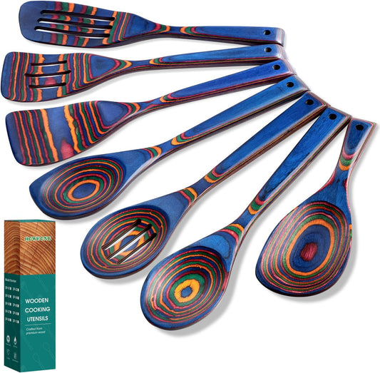 Kitchen Pakkawood Wooden Spoons for Cooking \u2013 7-Piece Kitchen Utensil Set with Spatula, Corner Spoon, Rice Paddle \u2013 Nonstick Safe Durable Wooden Cooking Tools for Home Kitchen (Spectrum) by Howhong