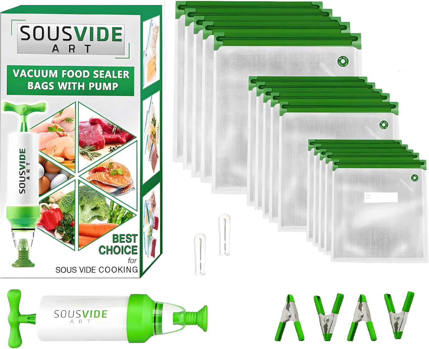 SOUSVIDE ART 37pcs Reusable Vacuum Seal Bags with Vacuum Sealer - 30 Cooking and Storage Bags of 3 Sizes with Pump and Sous Vide Cooker Accessories - Food Safe Kit, Keeps Food Fresh