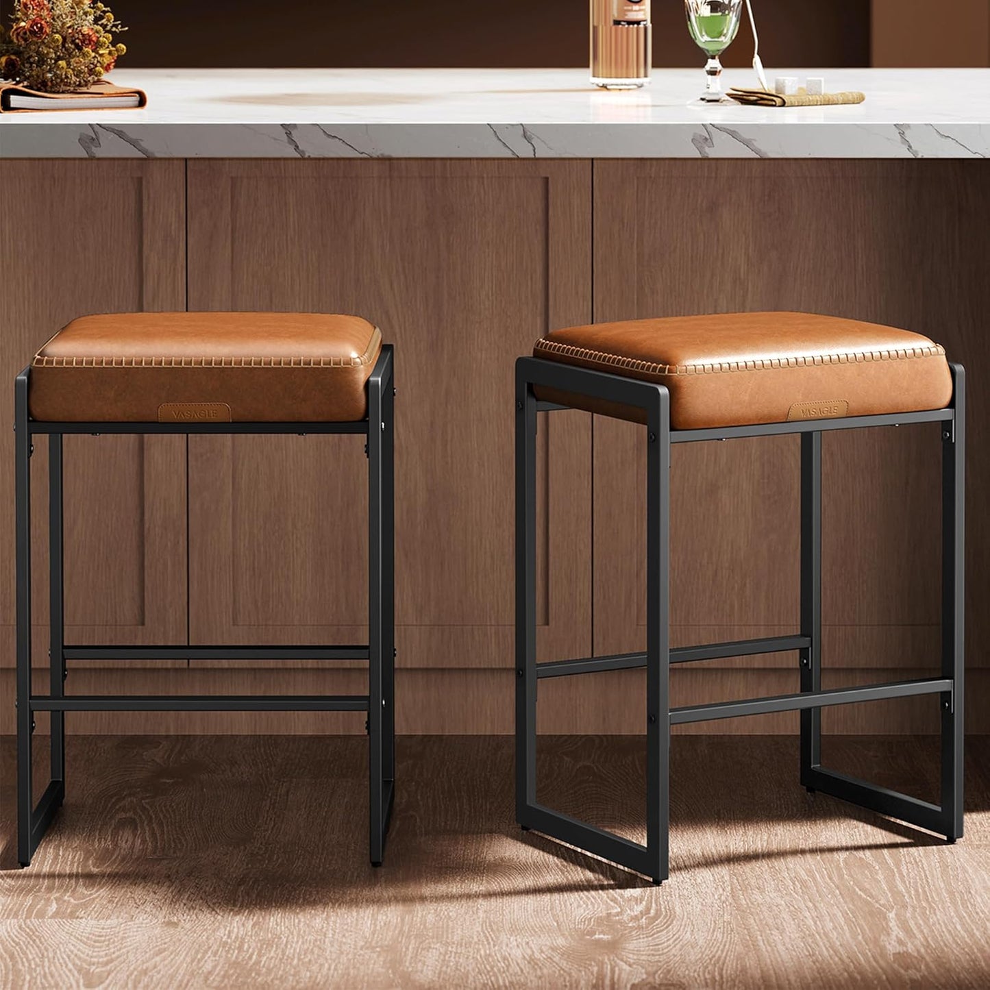 VASAGLE EKHO Collection - Bar Stools Set of 2, Counter Height Bar Stools, Synthetic Leather with Stitching, Mid-Century Modern Counter Stools, 26-Inch Tall, Kichen Home Bar Dining Room, Caramel Brown
