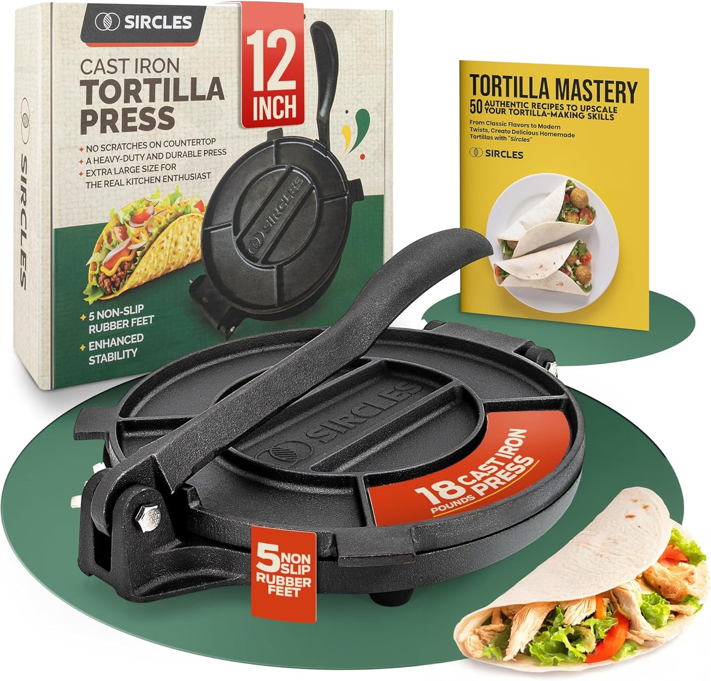 SIRCLES Tortilla Press 12 Inch Cast Iron - Extra Large, Heavy Duty 12 Inch Tortilla Press - Ebook Tortilla recipes - 5 Non-Slip Rubber Feet - Pre-Seasoned - Prensa Para Tortillas De 12 Pulgadas Grande