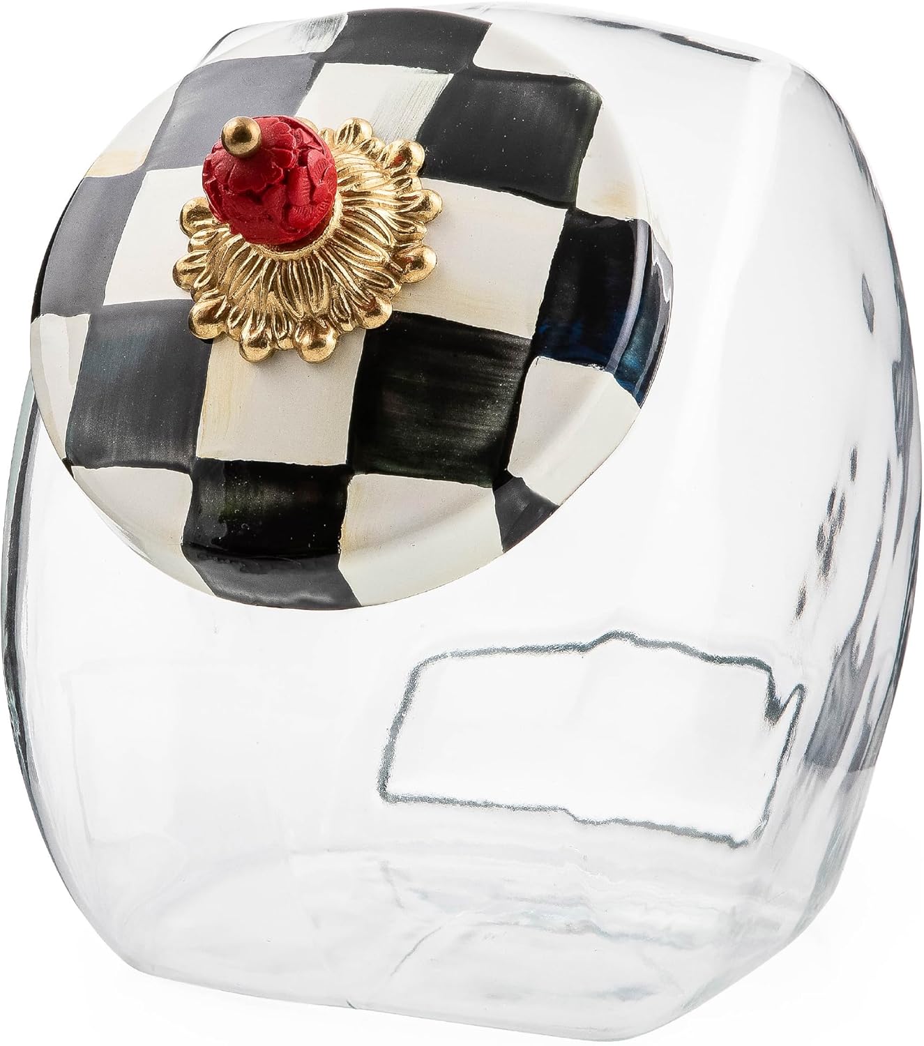 MACKENZIE-CHILDS Cookie Jar with Enamel Lid, Large Glass Treat Jar or Kitchen Jar, 1-Gallon Capacity, Black-and-White Courtly Check