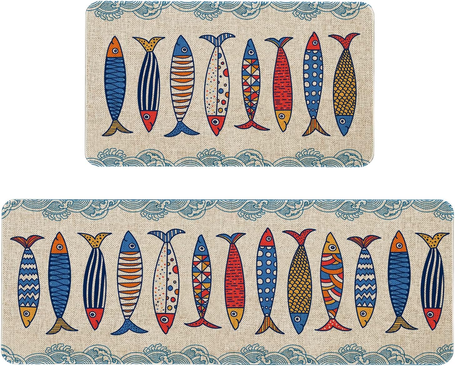 Mloabuc® Fish Decorative Kitchen Mats Set of 2, Anti Fatigue Waterproof Stain Resistant Floor Rug Non Slip Cushioned and Runner Sets - 17x29 and 17x47 Inch
