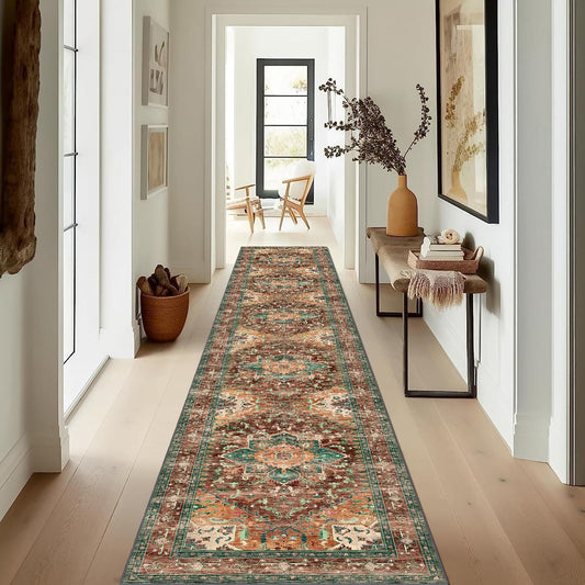 Yamaziot Washable Runner Rug, 2x12 Non-Slip Boho Vintage Hallway Rug Runner with Rubber Backing, Stain Resistant Low Pile Distressed Carpet Runner for Bedroom, Kitchen, Laundry, Entrance