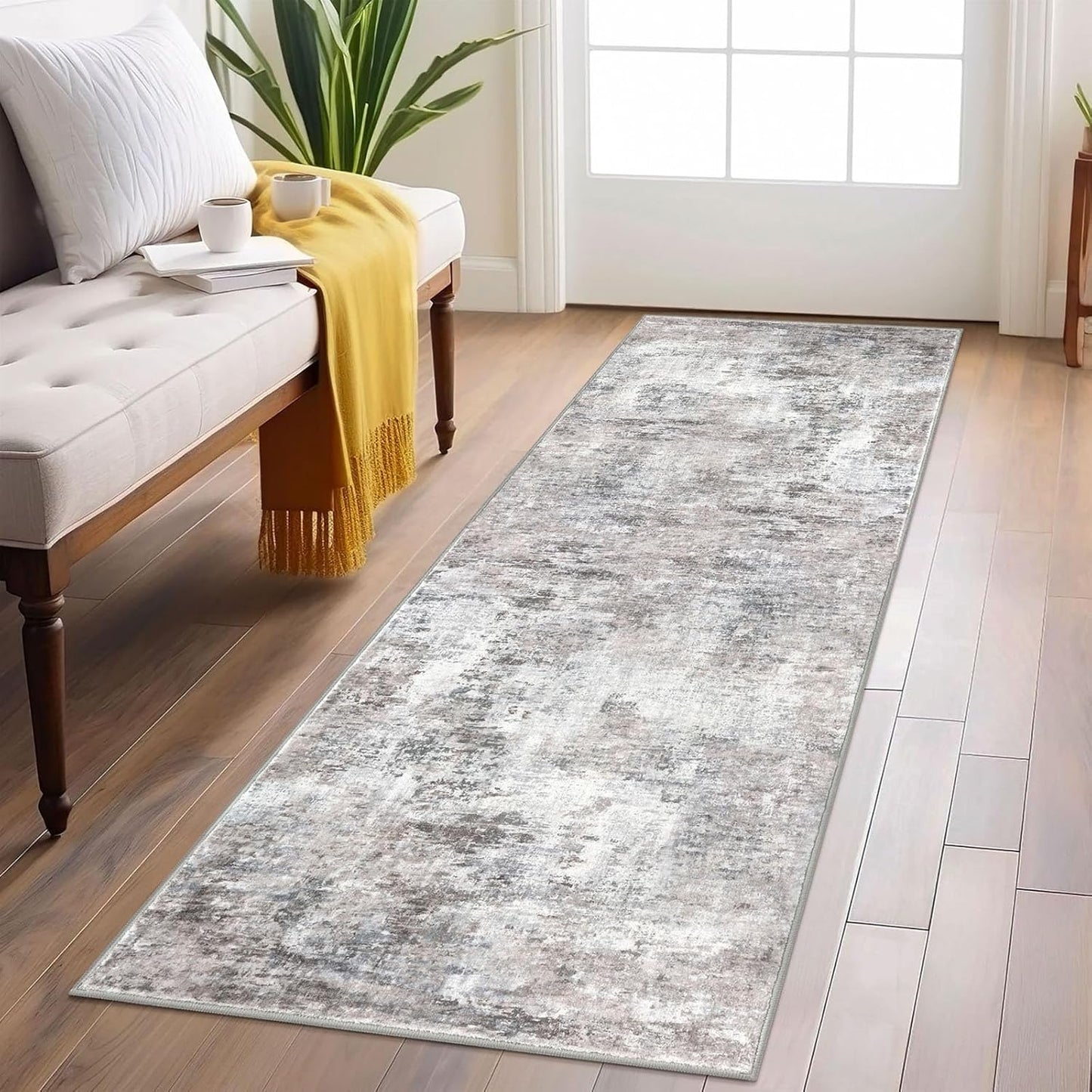 Lansny Modern Abstract Runner Rug 2x6, Beige Grey Washable Kitchen Runner Non-Slip Soft Hallway Rug Runner Thin Print Faux Wool Carpet for Entryway Bedroom Laundry Room Indoor Home Decor