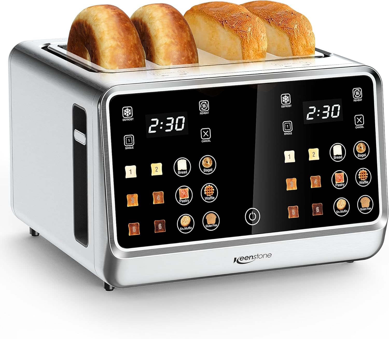 Keenstone Toaster 4 Slice, Digital Smart Toaster with TouchScreen, Dual Control Panel, Single Slot Toasting, Timer, Reheat & Defrost for Bagels, Bread, Waffles, Stainless Steel Kitchen Essentials