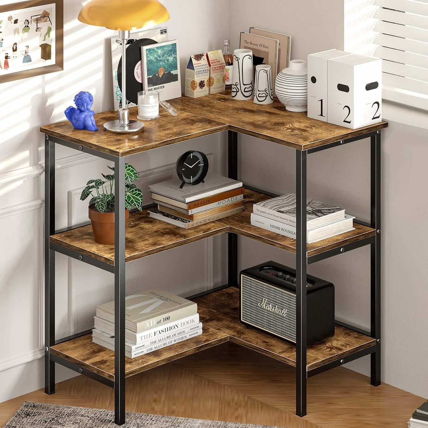VECELO Corner Cabinet Table with 3 Tier Open Shelf, Multipurpose Display Organizer Storage Stand for Small Space Home Office Kitchen, Brown