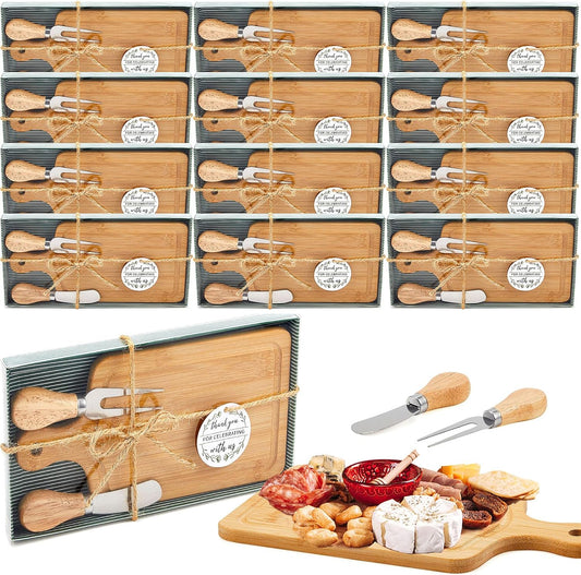 Ziliny 12 Set Bridal Baby Shower Cheese Prizes Wooden Square Board Gift Set Knives Forks Thank You Tags with Box for Guests for Valentines Bridal Baby Shower Housewarming Gifts (Bamboo Color)