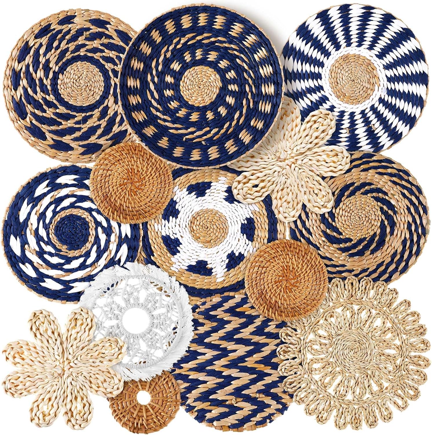 Xuhal 15 Pcs Boho Wall Basket Decor Handcrafted Seagrass Woven Wall Basket Rustic Round Woven Hanging Art for Home Farmhouse Kitchen Table Living Room(Blue Classic Style)