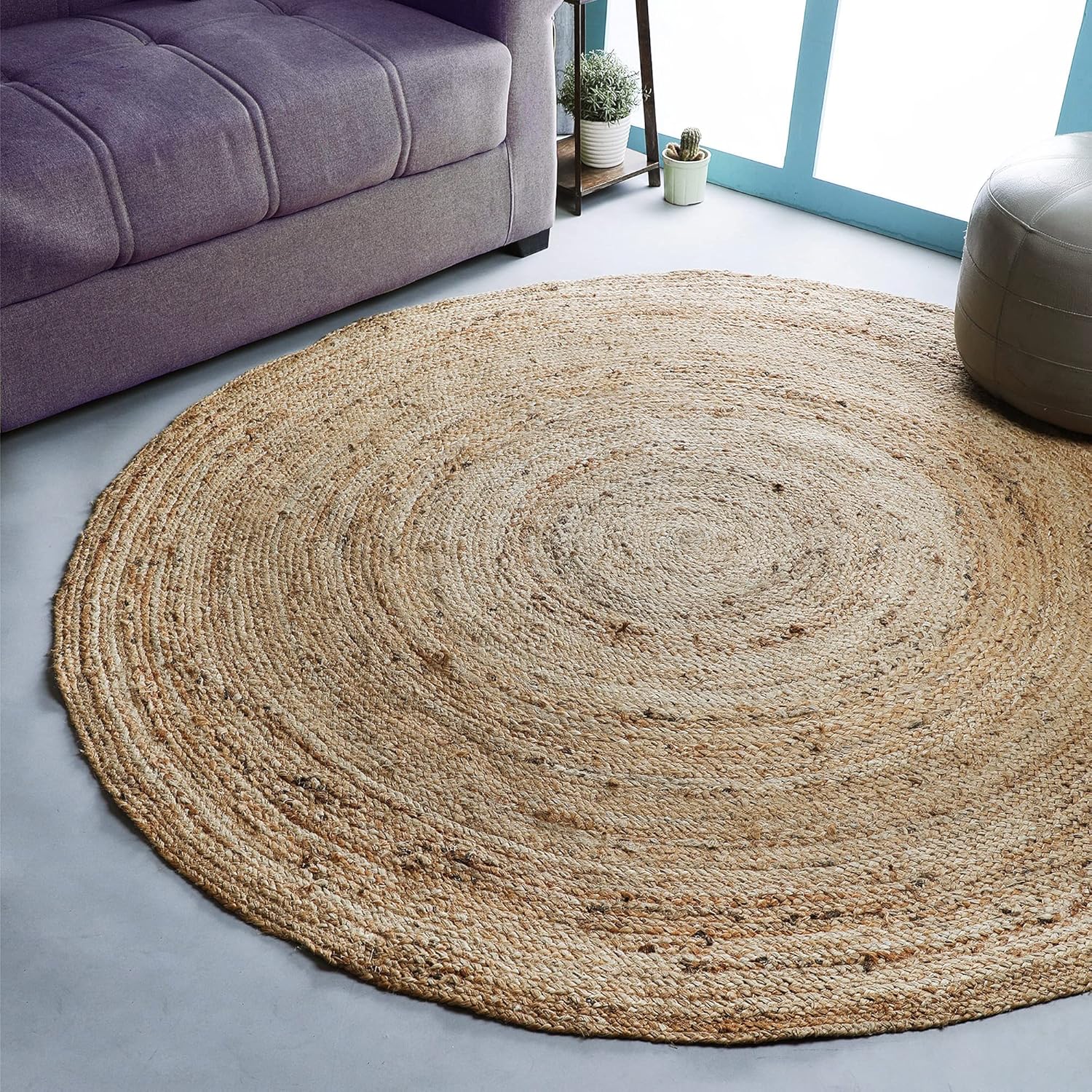 Hausattire Hand Woven Jute Braided Rug, 4\u2019 Round \u2013 Natural, Reversible Boho Entry Area Rugs for Kitchen, Living Room I Farmhouse Decorative Floor Rug, 4 Feet Round