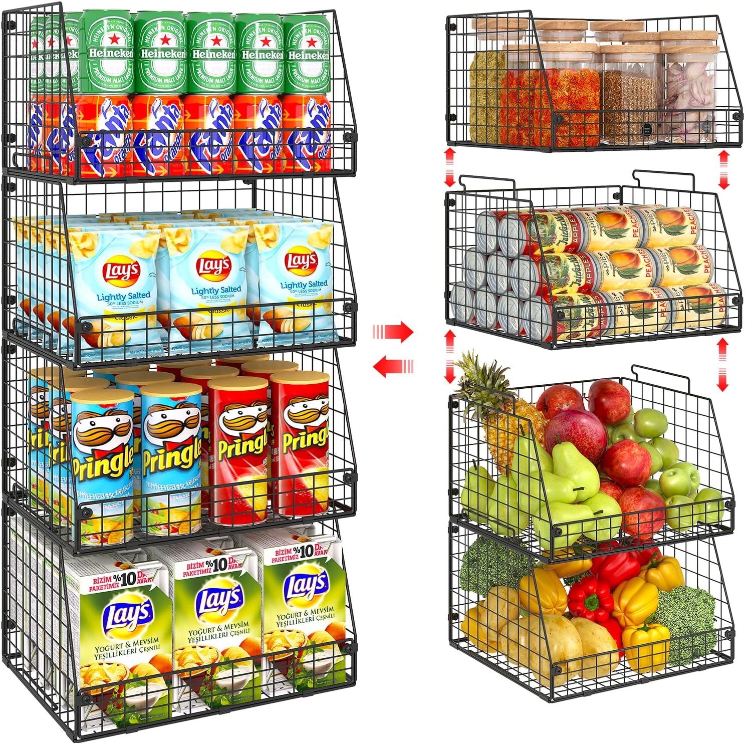 Jakyitvi 4 Pack XXL Stackable Wire Storage Basket, Extra Large Capacity Pantry Organizer and Storage, Muti-Purpose for Vegetable Fruit Basket & Can Organizer & Snack Rack & Metal Pantry Bin