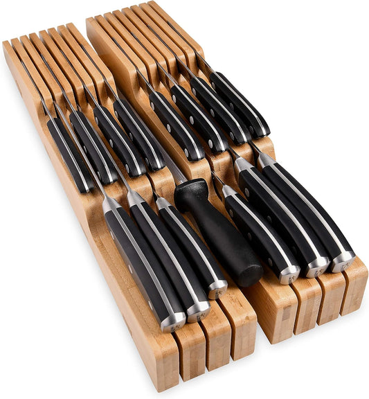 Homemaid Living In Drawer Knife Block Bamboo, Holds 16 Knives + Knife Sharpener Slot, Knife Organizer for Kitchen Drawer, Knife Drawer Organizer, Drawer Insert, Drawer Knife Holder (2" tall, 17" deep)