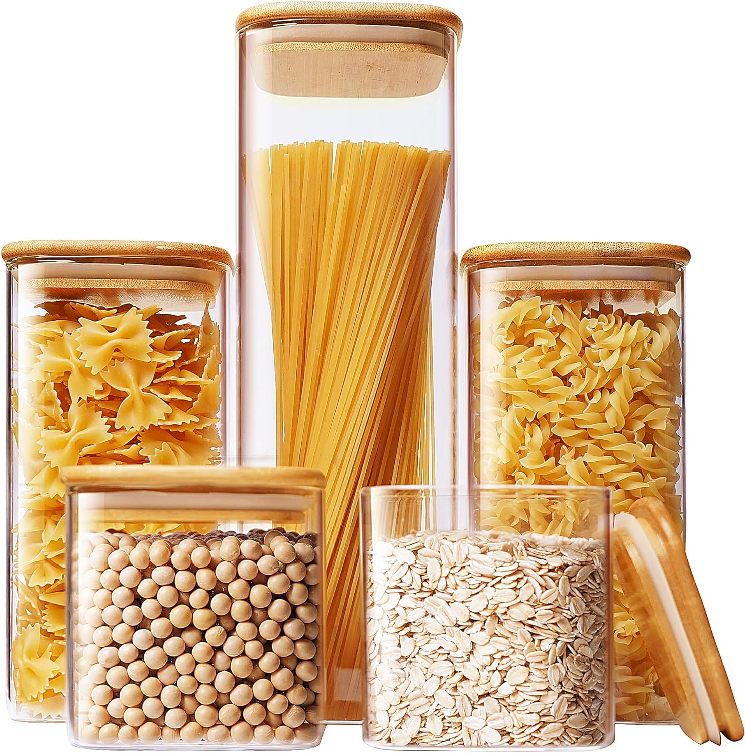 HomArtist Square Glass Jars with Bamboo Lids [Muti Size Set of 5], Glass Canisters with Airtight Lids, Glass Food Storage Containers for Pasta, Cereal, Flour, Sugar, Best for Kitchen & Pantry